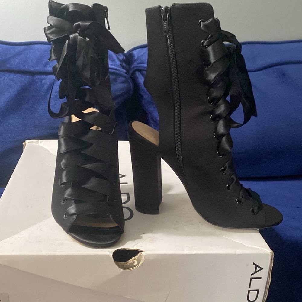 ALDO Rosamilia-94. Black satin lace-up open toe chunky heel bootie
